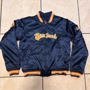 Vintage Y2k Kids M New York Satin Bomber Jacket Navy Blue with Orange Trim *read